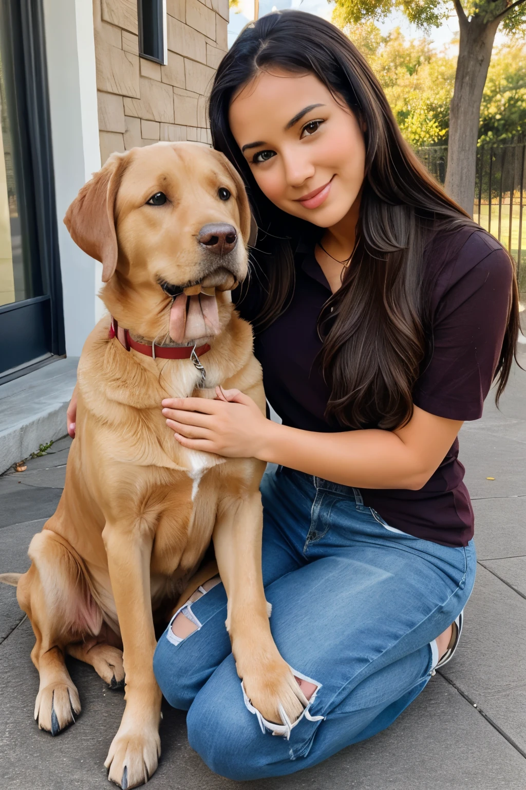 woman sitting cuddle dog, ((dog)), <lora:SweetCandy_Girl_and_dog_v1:0.5>, size difference