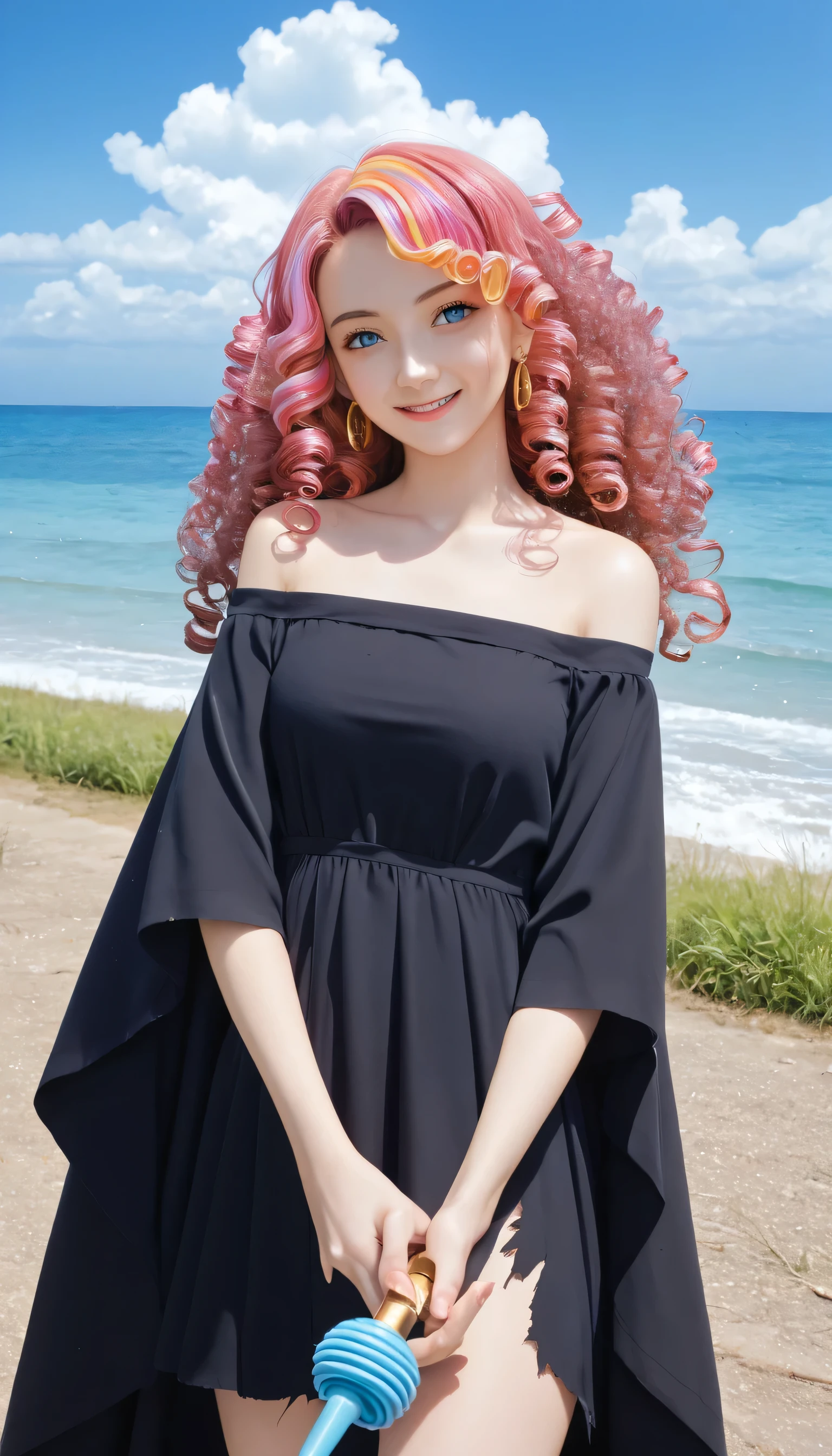 1 girl, (iridescent hair, colorful hair, half blue and half pink hair: 1.2), , blue_sky, holding a magic wand, summer (season), petals_on_liquid, black cloak with hood, red and black torn dress, skirt: 1.2, (gold long curly hair: 1.5), sky, outdoor, clouds, bangs, smile, sky blue eyes, bare shoulders, perfect hands, Hand details, repaired fingers. Earrings, sea + background, looking_at_viewer, cowboy shot, top quality, rich detail, perfect image quality, sunrise