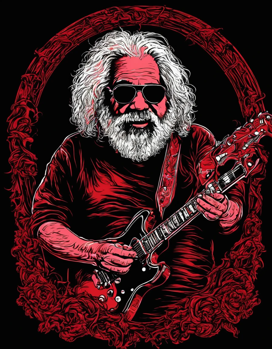 metal_tee, Jerry Garcia, vector digital illustration, (black background:1.5) red