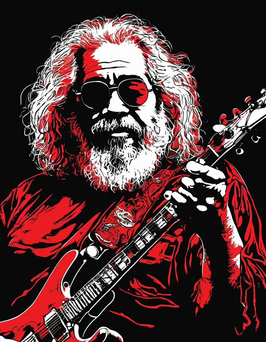 metal_tee, Jerry Garcia, vector digital illustration, (black background:1.5) red