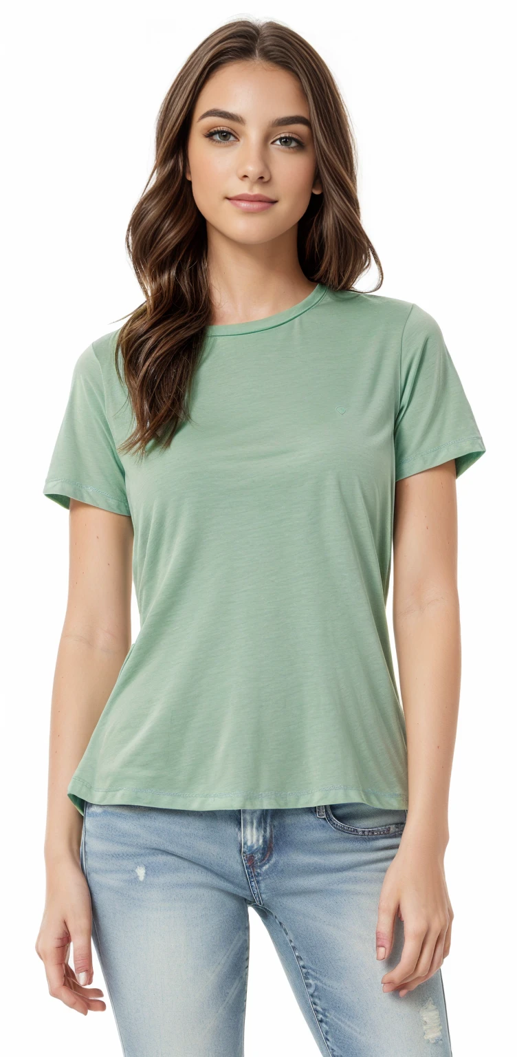 uma mulher vestindo uma camiseta verde e jeans, espuma do mar verde, sage green, Manga curta, casual roupas verdes, camisa verde, Verde floresta, roupas verdes, verde silenciado, verde oliva, velvia, verde pastel, prana, foto do produto, espuma cintilante, Zellk, Roupas casuais modernas, Jade verde, Retrato frontal, luz verde