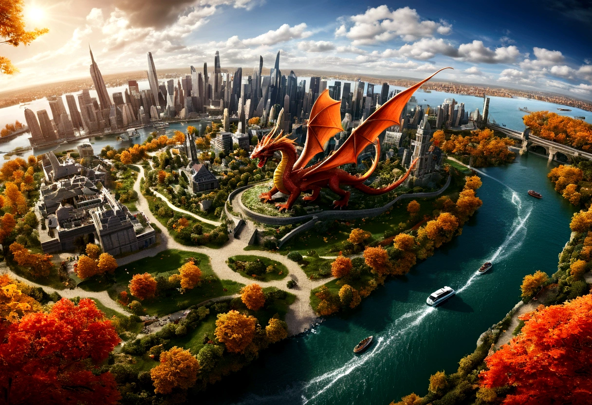 ((picture taken  from above the dragon: 1.5)), arafed, a picture of a dragon flying above a modern city, modern city is laid underneath, there is river beneath the dragon, its shadow is cast on the water dragon wings spread wide, dynamic color dragon, you see the back of the dragon, its majestic wings, its tail and the city and river it is flying above, , panoramic view (Masterpiece, intense details: 1.5) , Wide-Angle, Ultra-Wide Angle, dynamic light, Cinematic Hollywood Film style