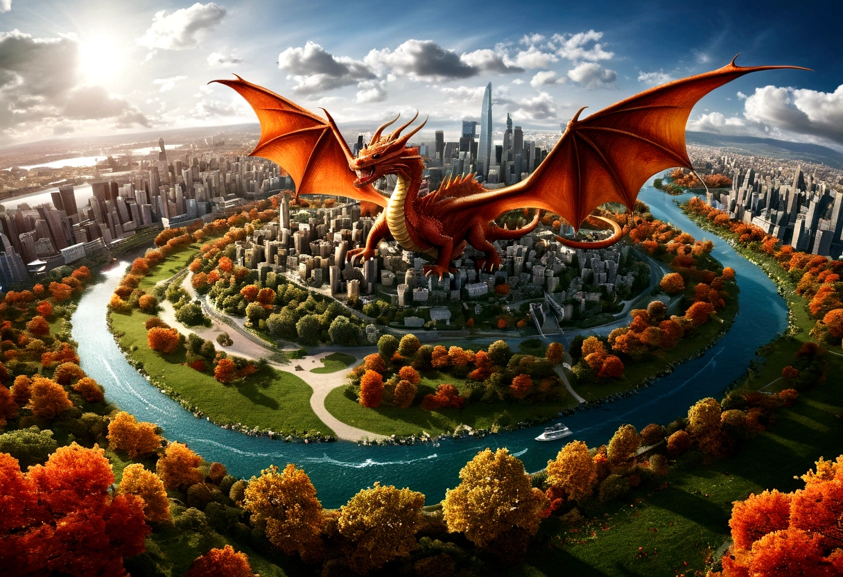 ((picture taken  from above the dragon: 1.5)), arafed, a picture of a dragon flying above a modern city, modern city is laid underneath, there is river beneath the dragon, its shadow is cast on the water dragon wings spread wide, dynamic color dragon, you see the back of the dragon, its majestic wings, its tail and the city and river it is flying above, , panoramic view (Masterpiece, intense details: 1.5) , Wide-Angle, Ultra-Wide Angle, dynamic light, Cinematic Hollywood Film style