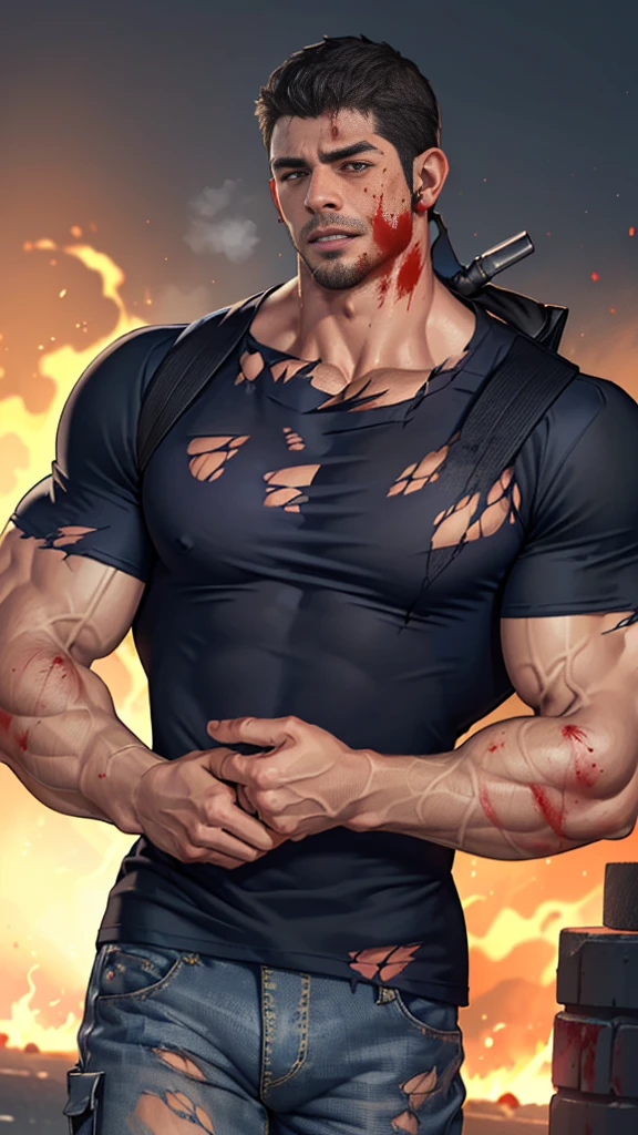 (Create a masterpiece: 1.2),(CGI art:1.3),(realistic:1.5),(After processing:1.3),(Sharp focus:1.3), (man Fight, join in battle:1.5 ),sunglass, straight, front ,Chris Redfield ,(black hair), smile open mouth, (Wear color navy round neck T-shirt: 1.5), (with a Police badge: 1.2), navy cargo, (Torn shirt:1.6), (wound: 1.3) , (blood splatters) ,( abrasions on face: 1.5), (Blood stains on the face and body: 1.4), Korean guy , korean men, (High gloss details), chest muscles, large arm muscles, blood vessel, Big muscles, Broad shoulders, looking at the audience, Balancing the eyes, middle of the road , (Carrying a black backpack: 1.3) ,(Fire blazes behind)