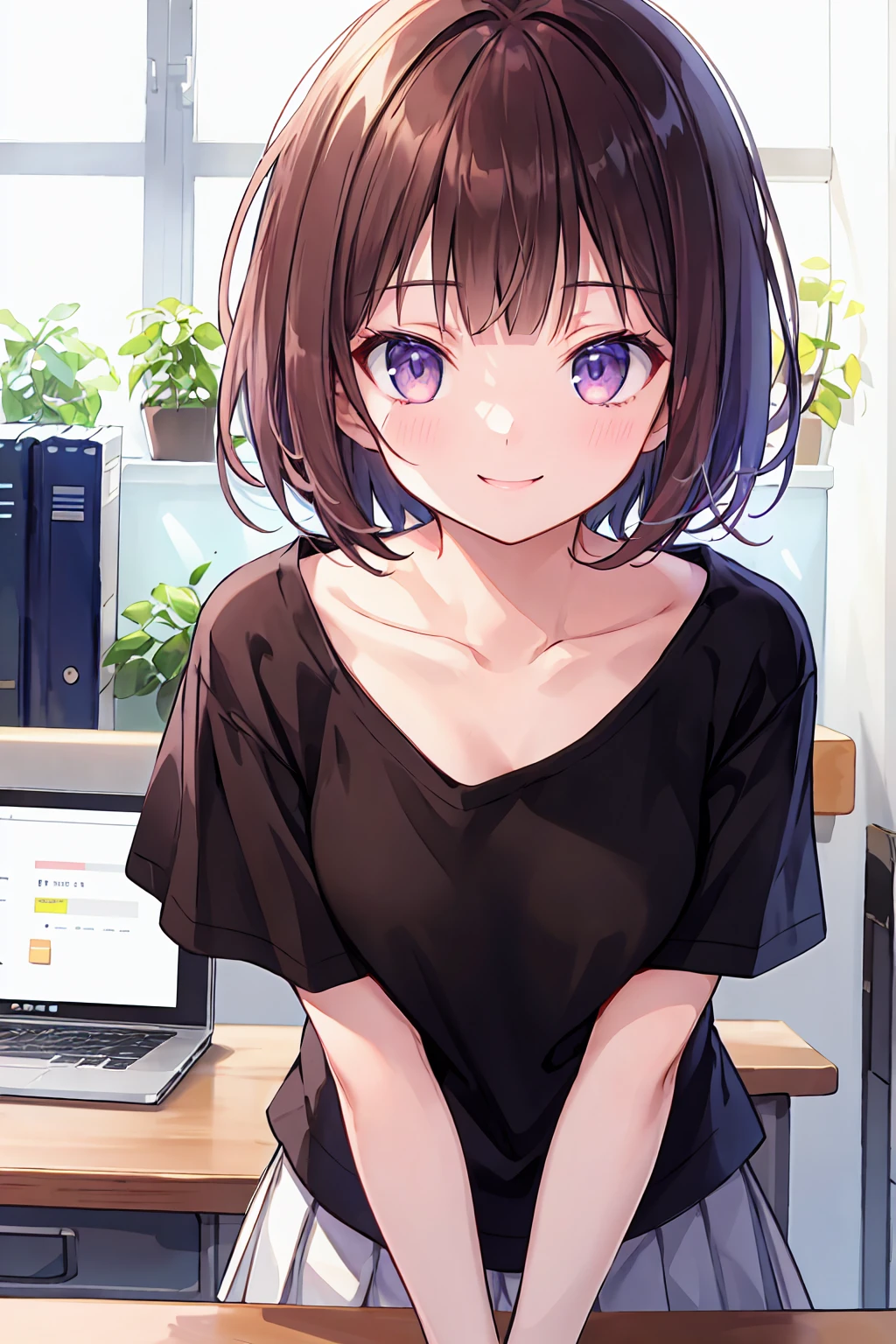 Frame In, Face and body from the front, View from the front, Upper Body, high quality, Very high resolution, high quality, Very high resolution, pretty girl, Dark brown hair, amount, Blunt bangs, Bobcut, blush, Raked up bangs, Wearing a plain T-shirt, upright, Pleated skirt, Work Desk, smile, Leaning forward, At the office,Small breasts