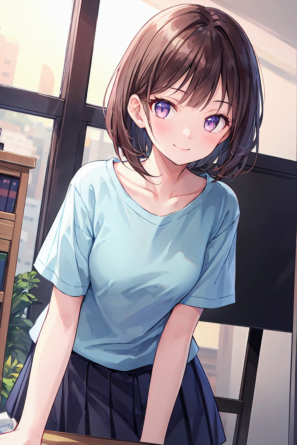 Frame In, Face and body from the front, View from the front, Upper Body, high quality, Very high resolution, high quality, Very high resolution, pretty girl, Dark brown hair, amount, Blunt bangs, Bobcut, blush, Raked up bangs, Wearing a plain T-shirt, upright, Pleated skirt, Work Desk, smile, Leaning forward, At the office,Small breasts