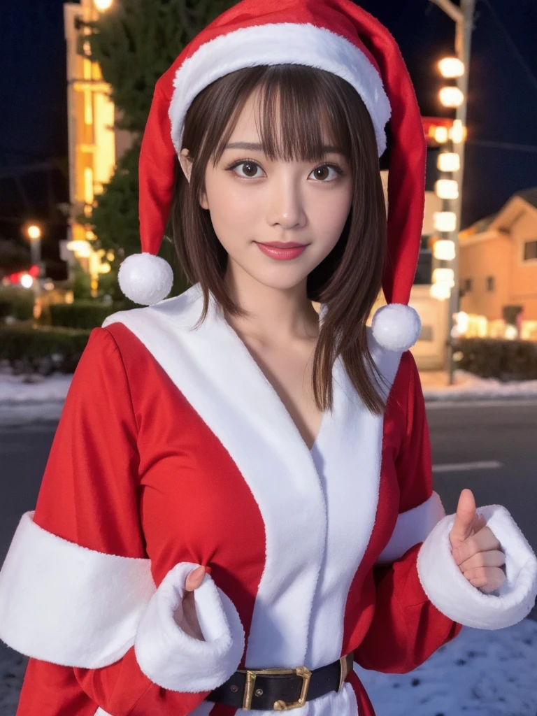 1girl, (santa claus costume:1.5), symmetry, beautiful cute ultra young girl, slender figure, (ultra short hair:1.5), ultra big smile, (Beautiful large round droped detailed eyes:1.0), beautiful detailed lips, extremely detailed face, natural makeup, Incredibly beautiful skin, (best quality,4k,8k,highres,masterpiece:1.75),(ultra-detailed,realistic,photorealistic,photo-realistic:2.0),professional,vivid colors,studio lighting,snowing night town,christmas eve