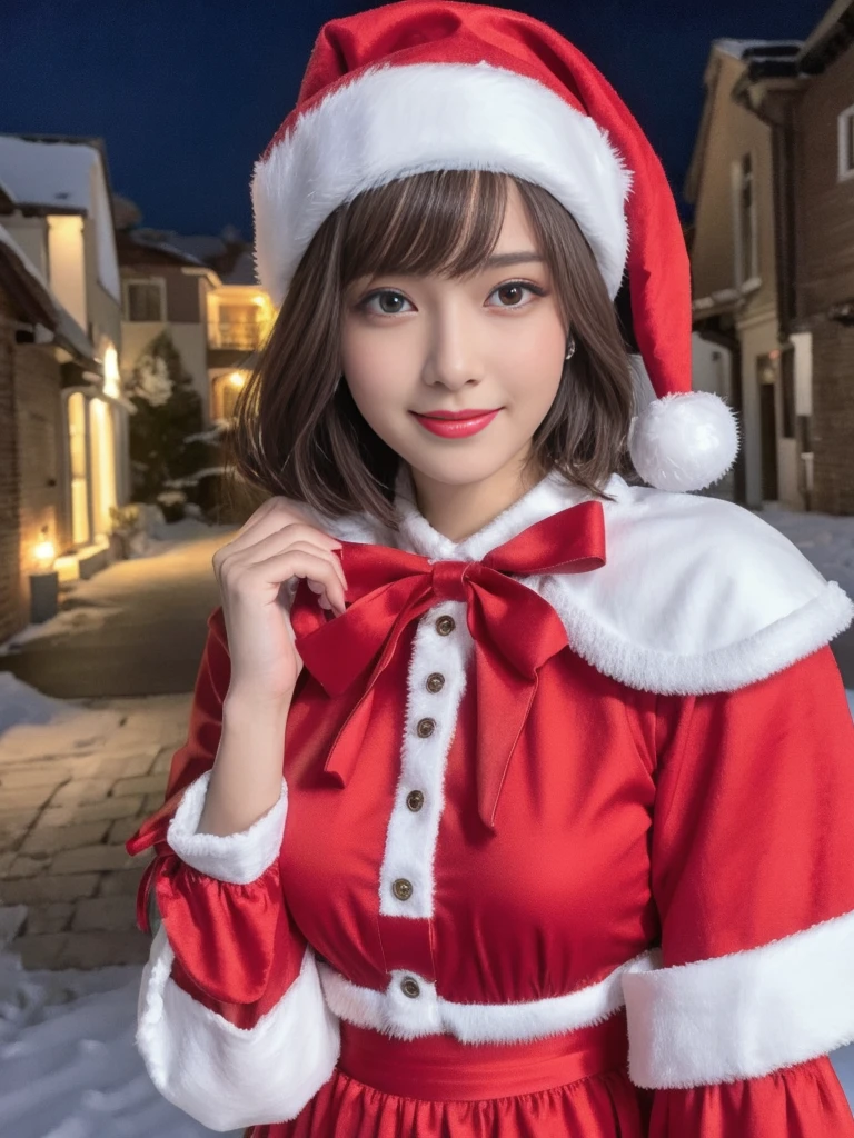 1girl, (santa claus costume:1.5), symmetry, beautiful cute ultra young girl, slender figure, (ultra short hair:1.5), ultra big smile, (Beautiful large round droped detailed eyes:1.0), beautiful detailed lips, extremely detailed face, natural makeup, Incredibly beautiful skin, (best quality,4k,8k,highres,masterpiece:1.75),(ultra-detailed,realistic,photorealistic,photo-realistic:2.0),professional,vivid colors,studio lighting,snowing night town,christmas eve
