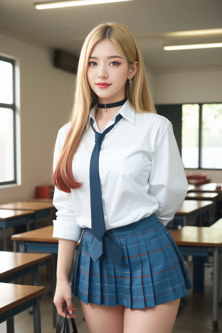 best quality,tmasterpiece,Ultra-high resolution,Clear face,(Reality:1.4), ferpect lighting,(upper body photo:1.5), (photorealistic:1.30), anime wallpaper, Guviz style artwork, close -cover fantasy to magic, by Yang J, Guviz, beautiful artwork illustration, beautiful digital artwork, beautiful digital illustration, Li Song, beautiful anime portrait, art style at Beauvot, kitagawa marin, 1girl, blonde hair, long hair, multicolored hair, red eyes, jewelry, earrings, piercing, , white shirt, tied shirt, black choker, blue necktie, plaid skirt, indoors, inside, classroom, open smile, pose, desks, Glowing skin, standing,