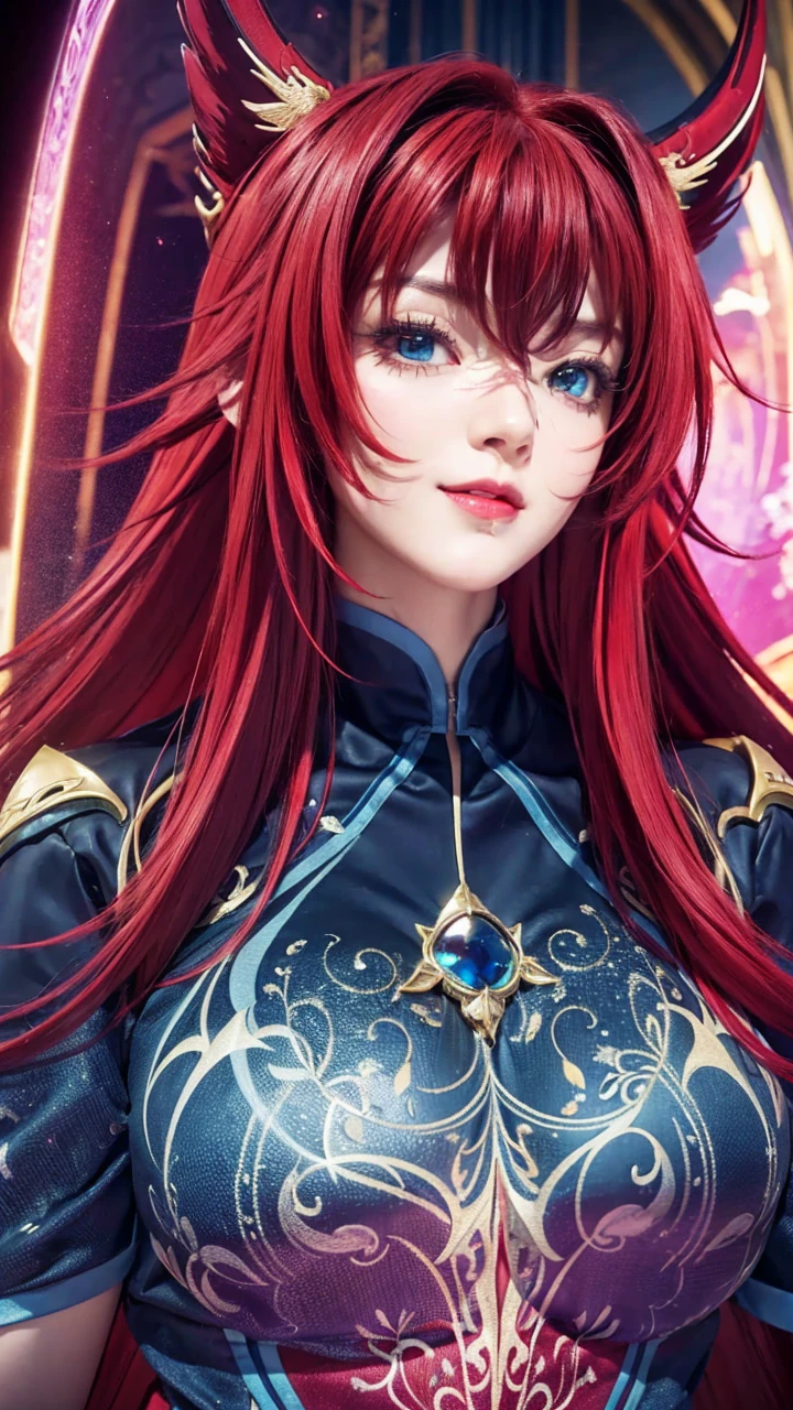 1girl, solo, rias gremory, looking at viewer, smile, upper body, detailed face, beautiful detailed eyes, beautiful detailed lips, exquisite detail, masterpiece, hyper detailed, 8k, photorealistic, cinematic lighting, dramatic lighting, intricate details, vibrant colors, rich colors, fantasy art, digital art