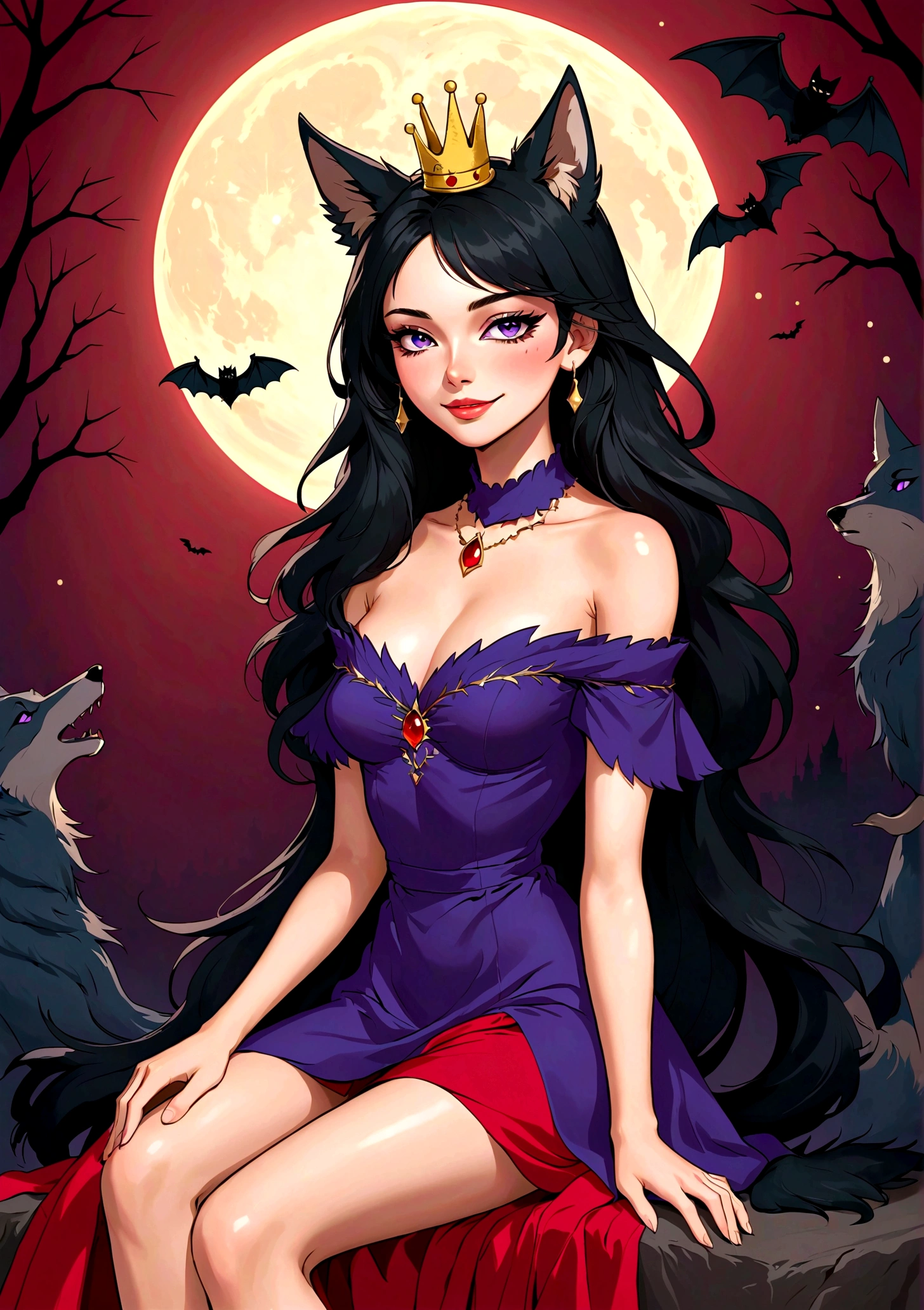 Vector,flat,Simple and smooth lines,A beautiful illustration:Big Bad Wolf:1.37.Beautiful girl sitting elegantly,(((She has a beauty spot:1.37))),Purple Eyes,Delicate lashes,Smile,Smooth skin,Long black hair,Wolf ears, Small Crown,High-neck off-shoulder red dress,Long legs。温顺的Big Bad Wolf。Correct human anatomy,moonlight,bat