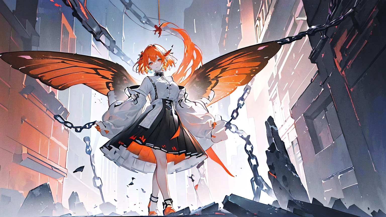 (Super detailed)),((illustration))，((masterpiece)),(((need))),((fine、Highest quality CG Unity 8K wallpapers，masterpiece），（（4k，masterpiece，best quality）），Woman with short orange hair，Colored eyes，Tall，Sexy body，Big breasts，Pointed ears，Elf，cold，In an empty dream，Black and White，Black and White相间的女仆装，Black shoes，Under the skirt is decent clothing，Hanging red-hot chains in the air，Chains sticking out from the ground，Tied by chains，There are fallen leaves under my feet，Colorful butterflies，Colorful wings，Standing in the middle，Chains on hands，Red leg ring，Red collar，A rainbow across the sky，Red heart hanging from a chain，Stay calm。Full body picture