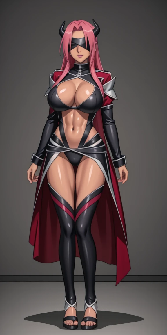 (masterpiece, HI quality: 1.1) 1girl full body standing good face,plump body,muscle body,bodybuilder muscle, nice ass,big breasts,narrow waist,fat hip,thick legs, hairstyle: braid, Color Hair: PINK long hair, Blindfolded: NO EYES, Skin: White (porcelain skin, sparkly skin), muscular, thighs, Mature woman, Abs, looks at the viewer smiling, extremely huge breasts, maternal, chest cover with clothes (Hell knight ingrid (anime style) Demon Knight Ingrid (OVA))