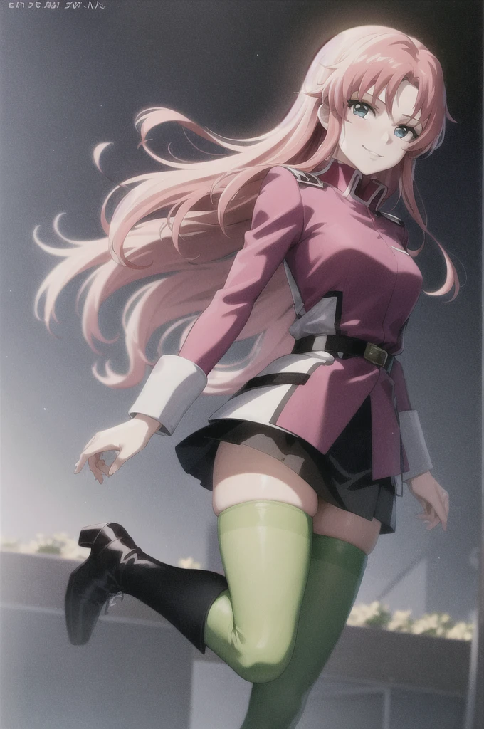 masterpiece, best quality, anime official art, 1girl, flay allster, bitch personality, pink hair, long hair, pale cerulean eyes, military uniform, long sleeves, belt, black skirt, green thighhighs, pink boots, full body, evil smile