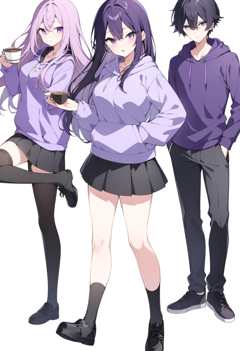 In a purple hoodie、Wearing a black short skirt、Wearing black socks、wearing black shoes。hair is black、Purple eyes。Breasts are K cup。The skin is white and、Long hair。Has one brother and one sister。My sister has an E cup。All in purple hoodies。All hair is black。My brother is wearing black pants.。
