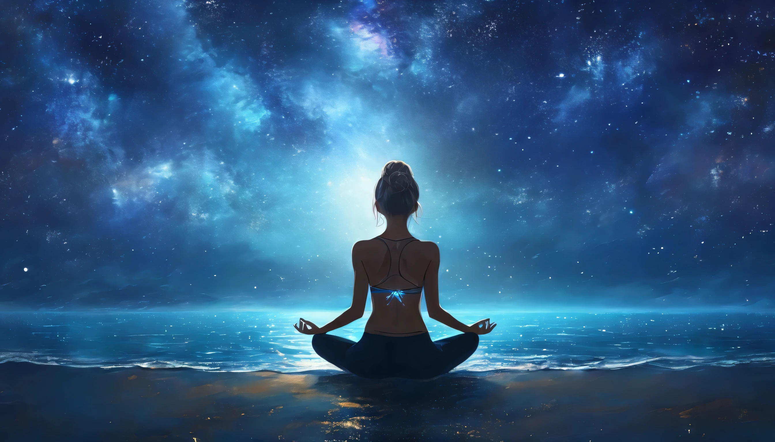 Full body photo of a girl in lotus position,Anatomically correct,Sitting on the blue shore,Back view,The background is stars and the sea,night,Dark Blue Galaxy Style,Starlight,Female Star Spirit, conversion, Depth of written boundary, Dreamy atmosphere, Chaos in its most beautiful form, Grace