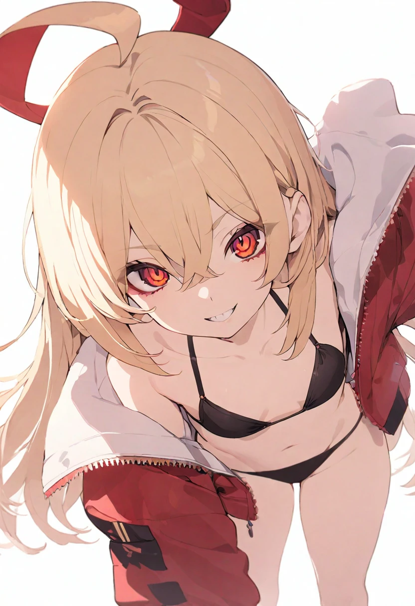 (masterpiece), (best quality), perfect face, beautiful girl, white background background, delicate and beautiful face and eyes, dark intense shadow,
1 girl, vtuber style, cool girl, blond middle hair, blond straight hair, small ahoge, amber eyes, sharp eyes, sharp gaze, hair between eyes, yaeba, Yae Teeth, bikini, red jacket, unzipped jacket, small chest, cropped shoulders, clavicle, smile, bare feet, chest visible through clothes, (full body), looking at viewer, standing, white background,