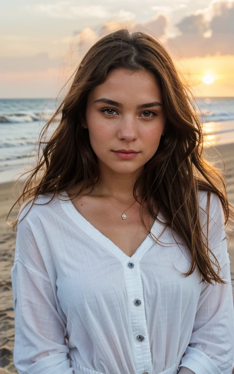 Belle brune portant un pull blanc, sur la plage au coucher du soleil), very detailed, 21 ans, visage innocent, natural wavy hair, yeux bleus, high resolution, a des bijoux, Chef-d&#39;ouvrages d&#39;art, Best quality, Intricate details, very detailed, mise au point nette, detailed skin, texture de peau réaliste, texture, detailed eyes, professionnel, 4k, sourire charmant, filmed in Canon, 85 millimeters, faible profondeur de champ, Couleur Kodak Vision, Corps parfaitement ajusté, Extremely detailed, photographier_\(ultra\), photorealistic, Realistic, Post-traitement, Maximum details, roughness, vrai vie, ultra realistic, photorealism, photographie, 8k euh, photographie,
