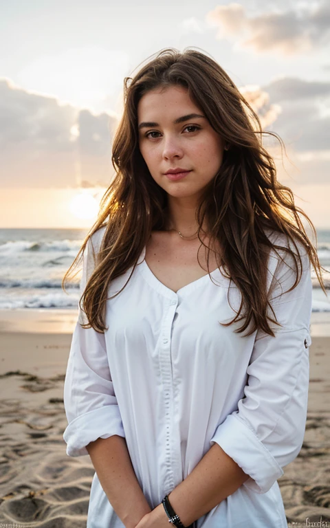 Belle brune portant un pull blanc, sur la plage au coucher du soleil), very detailed, 21 ans, visage innocent, natural wavy hair, yeux bleus, high resolution, a des bijoux, Chef-d&#39;ouvrages d&#39;art, Best quality, Intricate details, very detailed, mise au point nette, detailed skin, texture de peau réaliste, texture, detailed eyes, professionnel, 4k, sourire charmant, filmed in Canon, 85 millimeters, faible profondeur de champ, Couleur Kodak Vision, Corps parfaitement ajusté, Extremely detailed, photographier_\(ultra\), photorealistic, Realistic, Post-traitement, Maximum details, roughness, vrai vie, ultra realistic, photorealism, photographie, 8k euh, photographie,