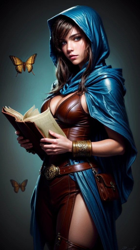 Speed painting of portrait of a fantasy female brunette human adventurer, with a blue hood, in a temple, D&D character, holding a large leather bound book with butterfly on the book cover