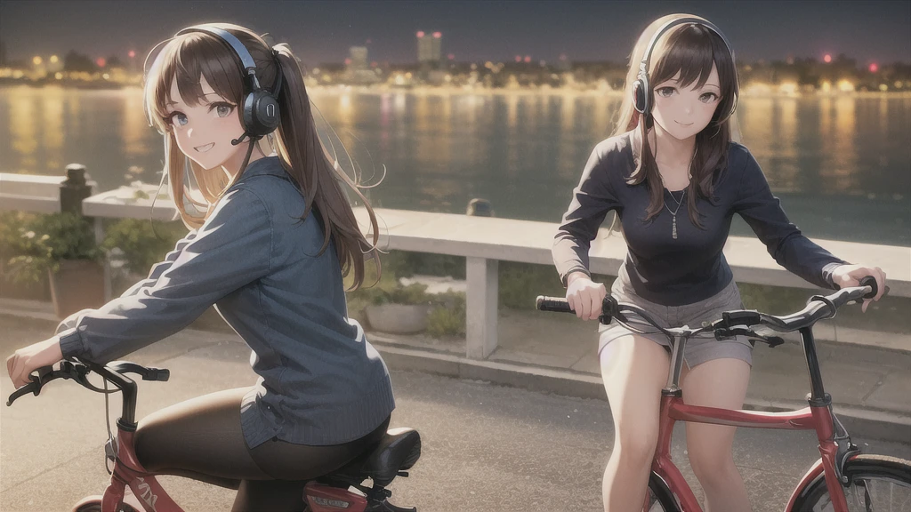 (In 8K, Ultra-high resolution, Best Quality, Masterpiece:1.2), (Realistic illustrations), Relaxed girl listening to music with headset, smile, Detailed teeth, はにかんだsmile, Nostalgic vintage style animation, 80s city night view, bike