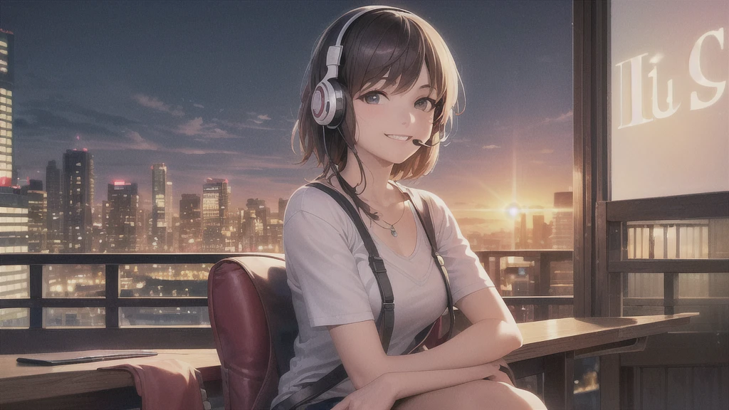 (In 8K, Ultra-high resolution, Best Quality, Masterpiece:1.2), (Realistic illustrations), Relaxed girl listening to music with headset, smile, Detailed teeth, はにかんだsmile, Nostalgic vintage style animation, 80s city night view, bike