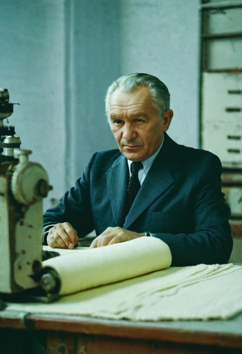 color photo. Head of a garment factory in the USSR. Portrait photo in the office at the table. high detail