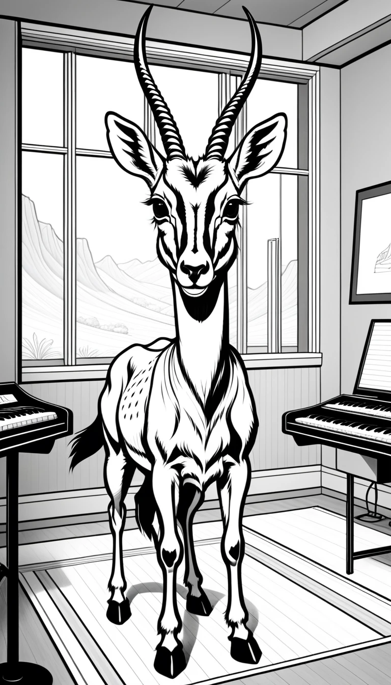 linear black and white drawing of a friendly antelope composes his new composition in the recording room. Wide view, simple lines, thin and defined outlines, no shading, no colors, perfect to be colored, cartoon style, clean lines, suitable for children.