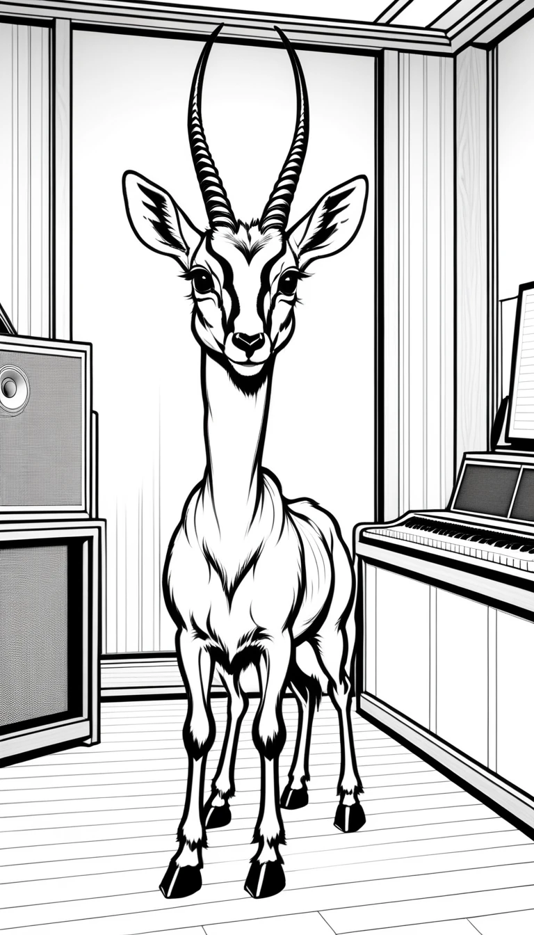 linear black and white drawing of a friendly antelope composes his new composition in the recording room. Wide view, simple lines, thin and defined outlines, no shading, no colors, perfect to be colored, cartoon style, clean lines, suitable for children.