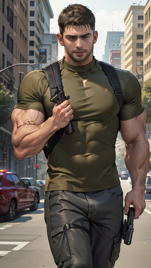 (Create a masterpiece: 1.2),(CGI art:1.3),(realistic:1.5),(After processing:1.3),(Sharp focus:1.3), man holding a gun , (gun:1.5) , straight, front ,Chris Redfield ,(black hair), smile open mouth, (Wear color olive green round neck T-shirt: 1.5), (with a Police badge: 1.2), olive green cargo, Korean guy , korean men, (High gloss details), chest muscles, large arm muscles, blood vessel, Big muscles, Broad shoulders, looking at the audience, Balancing the eyes, middle of the road , (Carrying a black backpack: 1.3) ,walk to camera