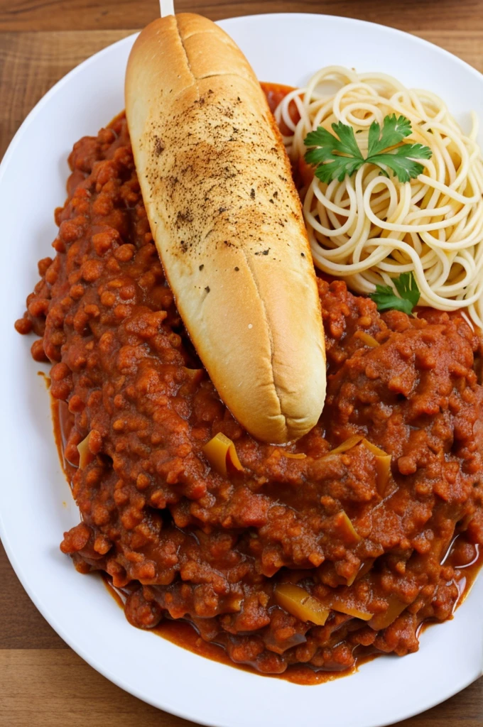 Beef coney dog with bolognese sauce
