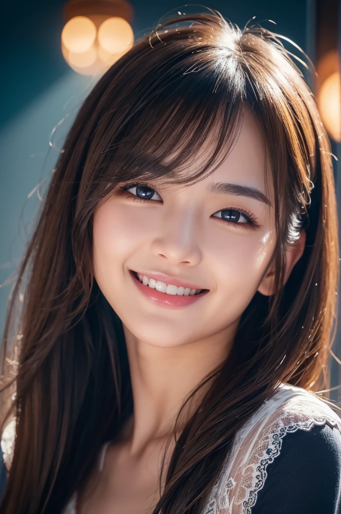 Brown Hair, Long eyelashes, Round eyes, A light smile, Accurate, Double good, Dark blue hair, Cast a Shadow, Anaglyph, Stereogram, tachi-e, throw, Atmospheric perspective, Surrealism, modern art, Cinema Lighting, Shine, Projected Inset, Canon, Shorthand, 8k, Super detailed, 最high quality, 超High resolution, Awards, Super detailed, Anatomically correct, retina, masterpiece, aAccurate, Textured skin, high quality, High resolution, 最high quality, 16k, 1080p, Exposed Skin, Upper body is shown,Lace Underwear, All sorts of smiles、