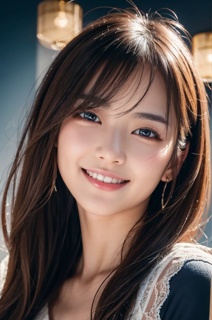 Brown Hair, Long eyelashes, Round eyes, A light smile, Accurate, Double good, Dark blue hair, Cast a Shadow, Anaglyph, Stereogram, tachi-e, throw, Atmospheric perspective, Surrealism, modern art, Cinema Lighting, Shine, Projected Inset, Canon, Shorthand, 8k, Super detailed, 最high quality, 超High resolution, Awards, Super detailed, Anatomically correct, retina, masterpiece, aAccurate, Textured skin, high quality, High resolution, 最high quality, 16k, 1080p, Exposed Skin, Upper body is shown,Lace Underwear, All sorts of smiles、