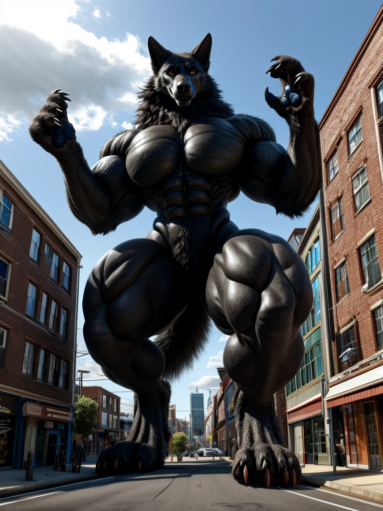 ((quality)), ((masterpiece)), (detailed), perfect face, anthro black wolf, female, black fur, neck fluff, black belly, detailed yellow wolf eyes, fully , 4 toes, 4 fingers, massive tail, black claws, digitigrade legs, massive body muscles, bodybuilder, colossal macro height, macro, enormous body size, looking at viewer, detailed fur textures, black paw pads, elongated on all of the city, micro sized city