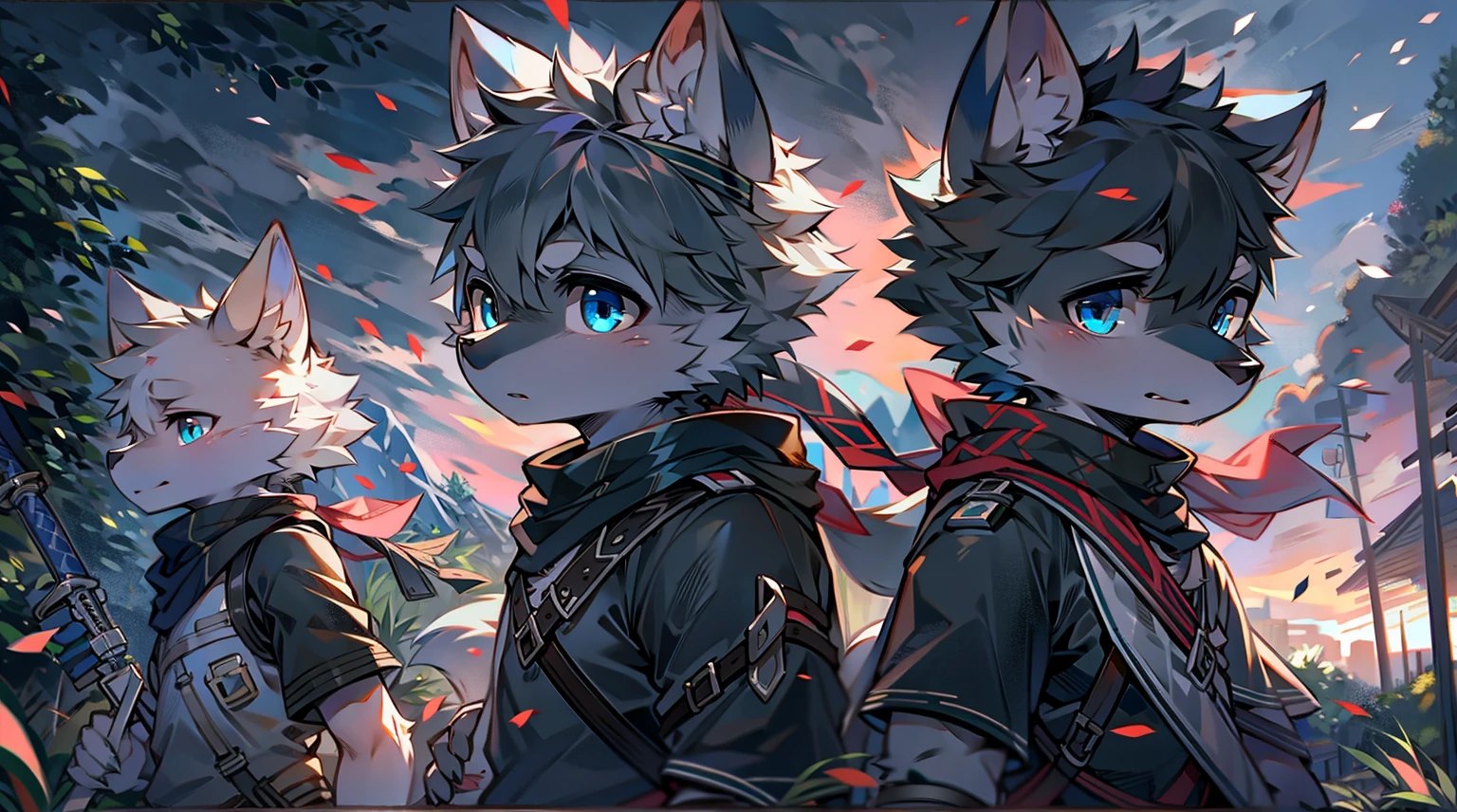 Wolf,juvenile,male,Gray-black fur,Sky blue eyes,Black combat uniform,scarf,Holding a long sword,scabbard,Draw the Sword,Everlasting,only,dawn,illumination,rest,Break