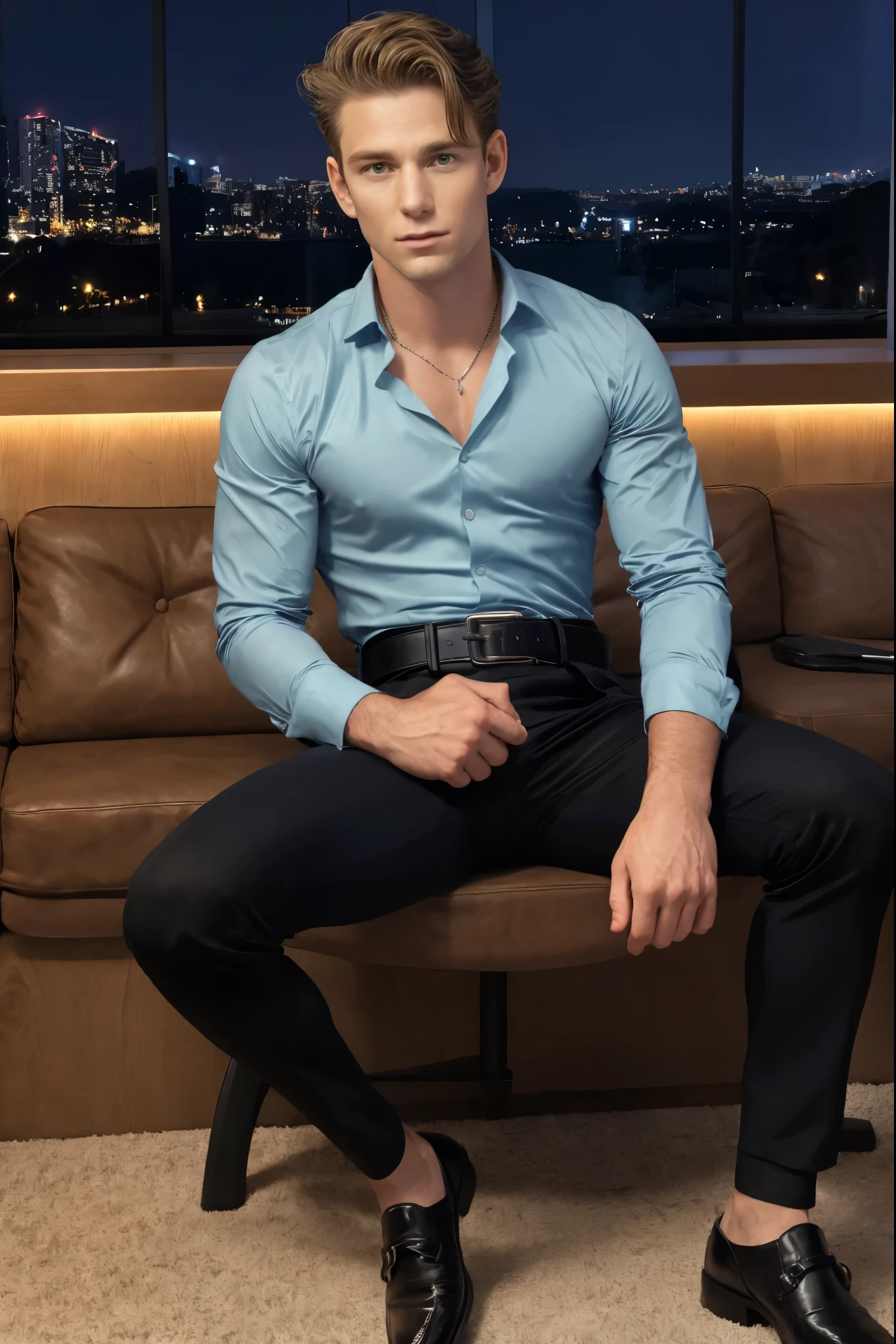 Nico Greetham, ((masterpiece)), ((best quality:1.2)), High Resolution, 8k, full body image, (ultra_realistic:1.3), (photorealistic:1.4), sharp focus, 1boy, (perfect face), wide angle, handsome, (((wearing a slim fitted light blue button-up shirt, with the sleeves rolled up to his elbows, fitted black suit pants, black belt with silver buckle1.3))), ((wearing fitted suit black pants, and black leather shoes:1.2)), (((sitting on lounge chair in a dark apartment, nighttime, ((sitting with his legs spread wide)) and his hands on the arm of the chair:1.3))), (((half body portrait))), slim but toned body, blue eyes, middle part blonde hair, solo, 1boy,