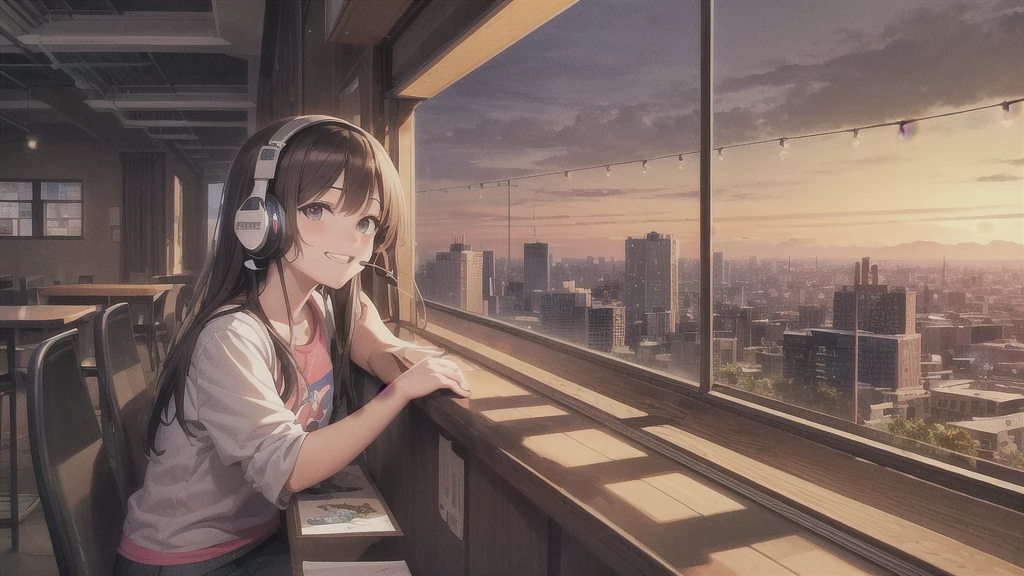(In 8K, High resolution, Best Quality, Masterpiece:1.2), (Realistic illustrations), Lo-fi Hip Hop , flat, 2.5D, Line art, Ink drawing, Watercolor, Gouache color, Studio Ghibli style, Great colorful, Relaxed girl listening to music with headset, smile, Detailed teeth, はにかんだsmile, 80s city night view, bike
