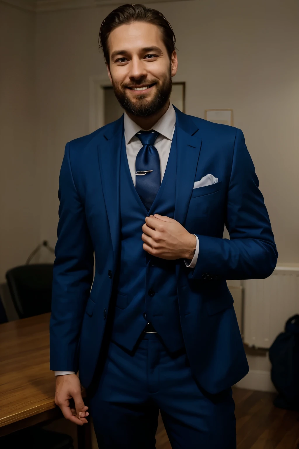 a man wearing a blue suit his hands tying up a suit coat tie with a smile but unhappy, is 32 years old, has a beard reasonably bright