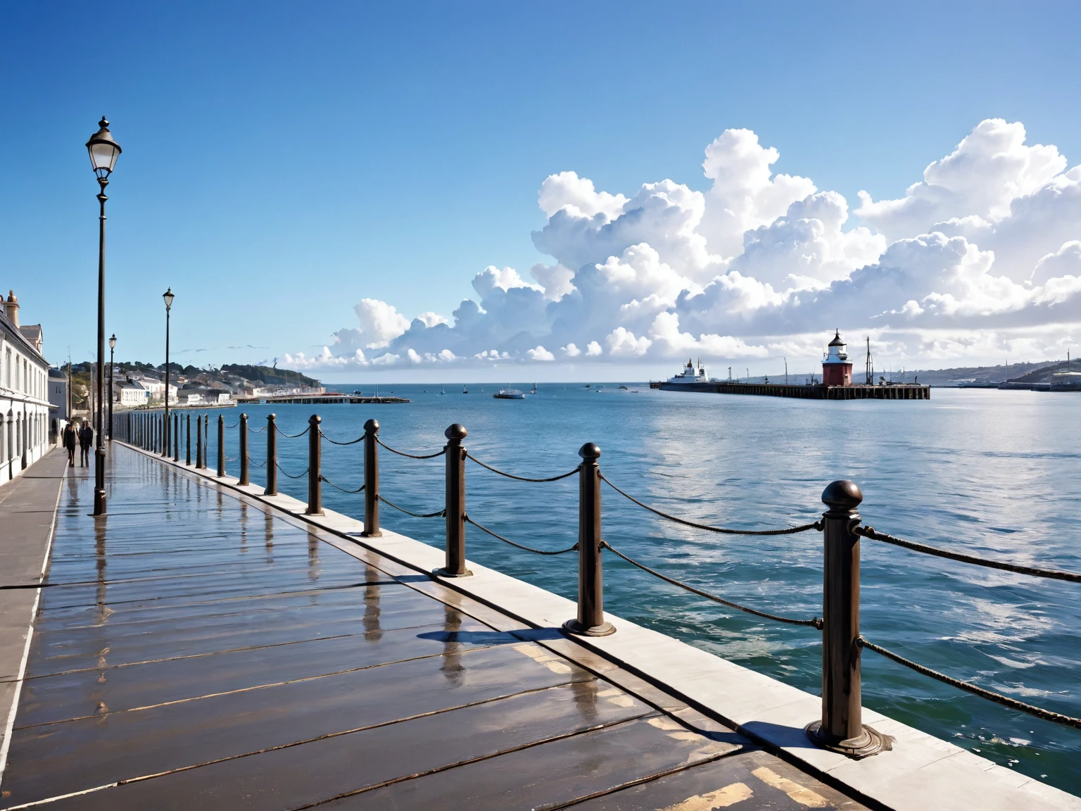 {{{Victorian era}}}, port, (masterpiece:1.2), (best quality:1.2), (very aesthetic:1.2), (absurdres:1.2), (detailed background), photograph, Quay, Pier, background, calm, Calm Day, noon, sunny, White cloud, Ripples, Ocean, asphalt, concrete