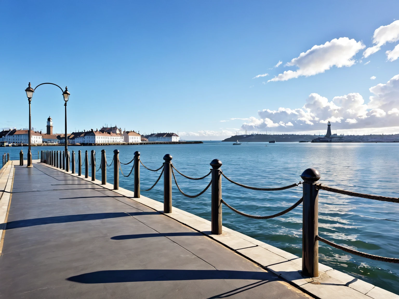 {{{Victorian era}}}, port, (masterpiece:1.2), (best quality:1.2), (very aesthetic:1.2), (absurdres:1.2), (detailed background), photograph, Quay, Pier, background, calm, Calm Day, noon, sunny, White cloud, Ripples, Ocean, asphalt, concrete