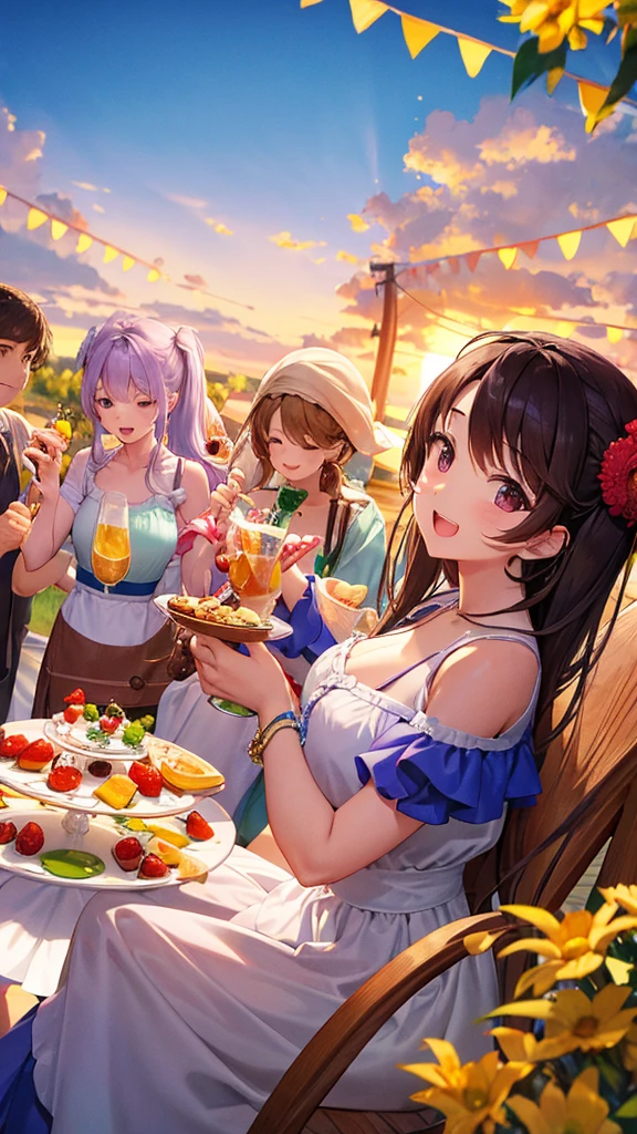 "Describe a scene where random people of different ages and backgrounds are gathered, all happily enjoying various desserts at an outdoor summer party."