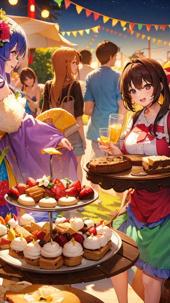 "Describe a scene where random people of different ages and backgrounds are gathered, all happily enjoying various desserts at an outdoor summer party."