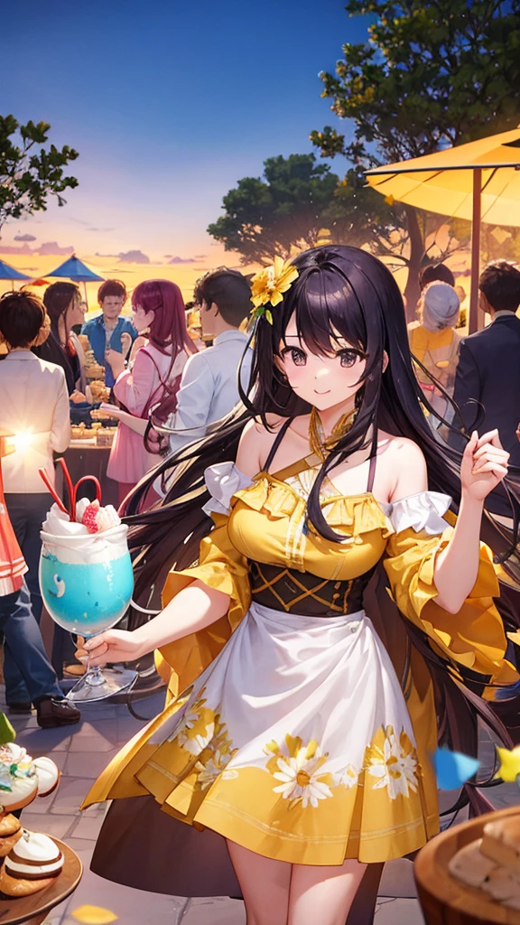 "Describe a scene where random people of different ages and backgrounds are gathered, all happily enjoying various desserts at an outdoor summer party."