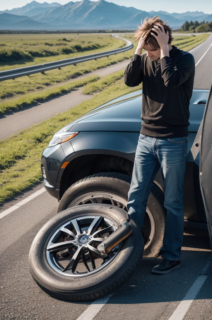 Road highway background with a car with a flat tire and frustrated man with his hand on his head 