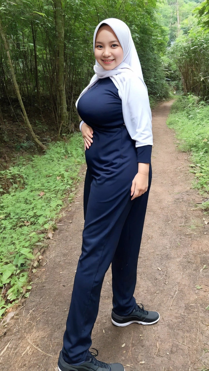 matured 40 years old chubby malay girl in hijab standing pose wear leging pants and open leg wide showing below ass and smiling in a dark forest ,with eye close, bottom angle shot, wet body, wet face with ,