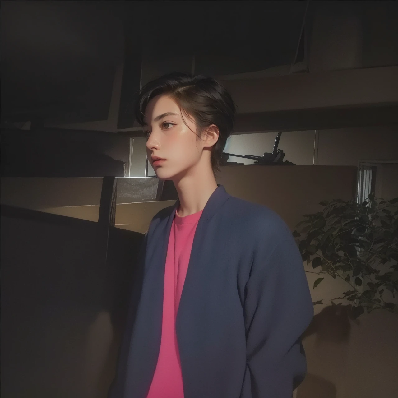 Best quality, masterpiece, ultra high res, (photorealistic:1.5), raw photo, 1girl, offshoulder, in the dark, deep shadow, low key, cold light, sexy look, short hair