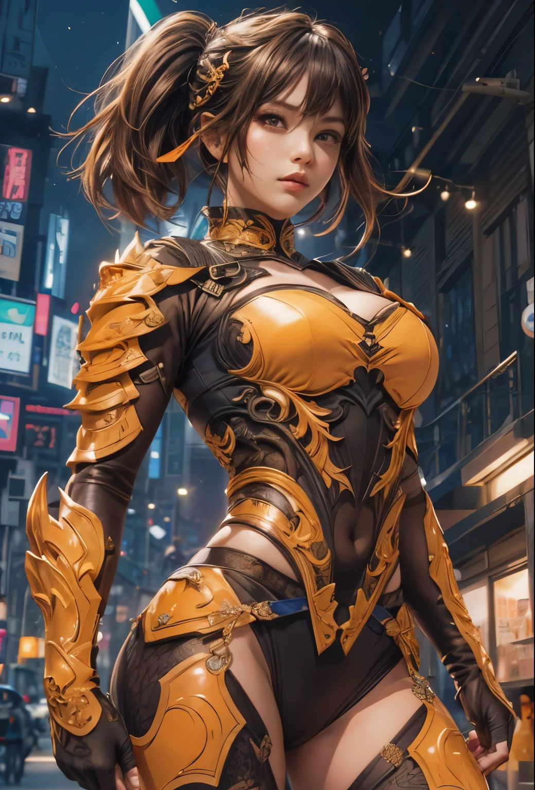 ((Dibujo muy preciso en cada detalle.)Extremely accurate representation)[high resolution],(detallado illustrations,Very detailed and detailed drawing,Delicate drawn lines with tempo.,Realistic texture expression),[main line drawn in color],[Fondo de Shinjuku en la noche],(animado) (Ninjagirl (Hermoso) 15 years) muscular [cuerpo delgado] corte bob corto,([avispa] Armadura de batalla ninja naranja) bufanda [parar] ((Ajuste interior de goma.) [honeycomb] [Borde]) adornos para el cabello (Dull metallic shine:0.8),huecograbado [KUNOICHI],[alto contraste:0.6],(Intricate and Hermoso decoration [Detalle denso]),(Fine and Hermoso skin expression [Transparencia]),((Precisely drawn eyes))[Perfect eye detail((Hermoso&#39;s jewel-like eyes)Iris dibujado con gran detalle)[alumnos claramente dibujados]],[luz del ojo[Precise lighting for the eyes]],[Long and Hermoso eyelashes],[precisely drawn hair [Beautiful and glossy hair detailing]],(Perfect hand detailing [Dedos sin rotura [Hermoso nails]]),(perfect anatomy(proporciones perfectamente equilibradas))[[Retrato de cuerpo entero]],[[Highly Built Design]][ideal color coordination(Accurate simulation of interactions between light and materials.)],([Precision detail](detallado,Gao Bien)),[Arte visual que cuenta una historia.],((Of the highest quality)Bien[[Dibujo de alta densidad]])(calidad 4K).