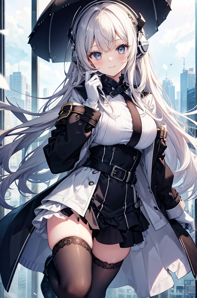 ,ankle_boots,layered,lace,tight,white_bodystocking,horizontal_stripes,long_sleeves,elbow_gloves,headset,cross,trench_coat,female,smile,huge filesize,