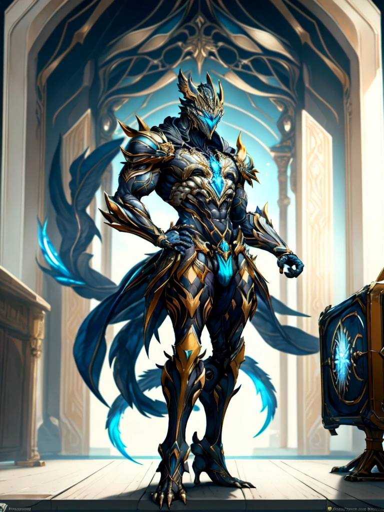 Warframe, Beautiful art style, 1 Boy, Young man, looking at the audience,Strong body, television, Synagogue, Leg lift, Greek clothing, Blaziken, blue, Dark skin, Black loincloth, paw, talon hands, Big Tail,