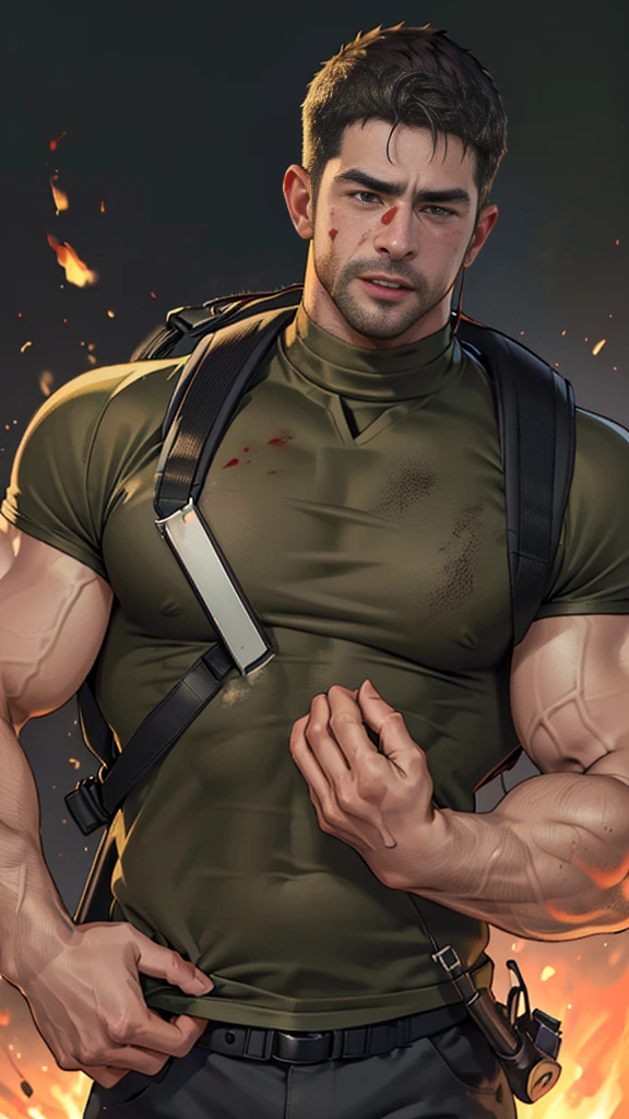 (Create a masterpiece: 1.2),(CGI art:1.3),(realistic:1.5),(After processing:1.3),(Sharp focus:1.3), (Chris Redfield), Shocked, open mouth wide, Arms beside the body, straight, front ,,(black hair), smile open mouth, (Wear color olive green round neck T-shirt: 1.5), (with a Police badge: 1.2), olive green cargo, black glove, (blood splatters) ,( abrasions on face: 1.2), (Blood stains on the face and body: 1.2), Korean guy , korean men, (High gloss details), chest muscles, large arm muscles, blood vessel, Big muscles, Broad shoulders, looking at the audience, Balancing the eyes, middle of the road , (Carrying a black backpack: 1.3) ,walk to camera ,(Fire blazes behind)